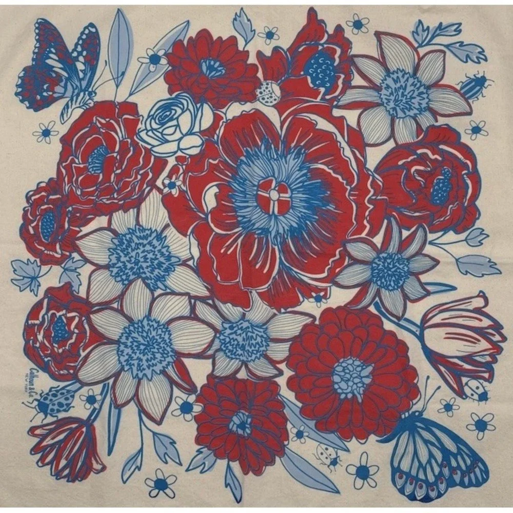 Calhoun & Co Floral Tea Towel Red Blue Butterfly Anthropologie Cottagecore 27x26
